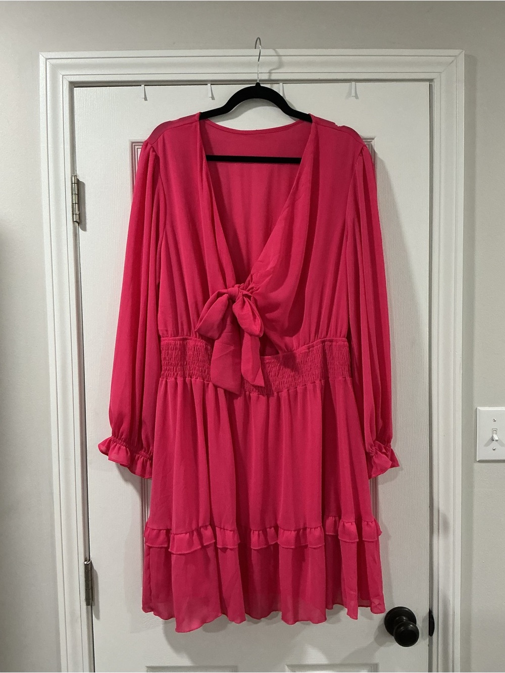 Bright Pink Tie-Front Long Sleeve Dress